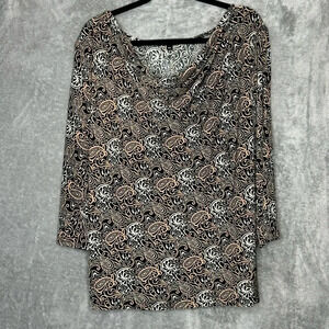 Briggs New York 2X Shirt Top Brown Paisley 3/4 Sleeve Cowl Neck Stretch Womens